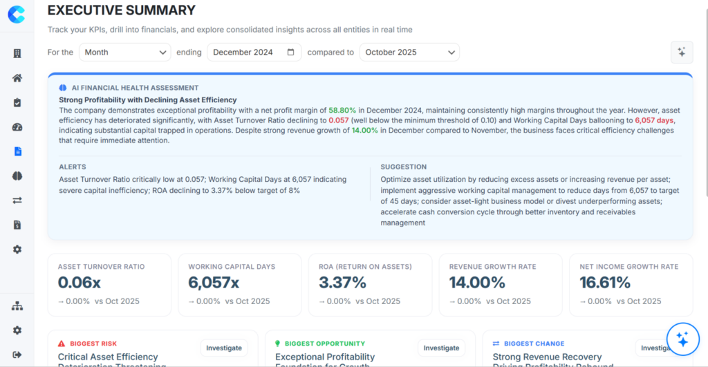 Planir executive summary dashboard showing AI-powered financial health assessment with KPIs including asset turnover, working capital days, ROA, revenue growth, net income growth, and automated alerts with actionable recommendations.